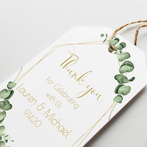 Gold Greenery Thank You Favor Tag, Wedding and Bridal Label Template, Shower Template, Printable Editable PPW0445 image 1