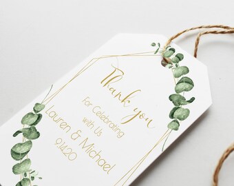 Gold Greenery Thank You Favor Tag, Wedding and Bridal Label Template, Shower Template, Printable Editable PPW0445