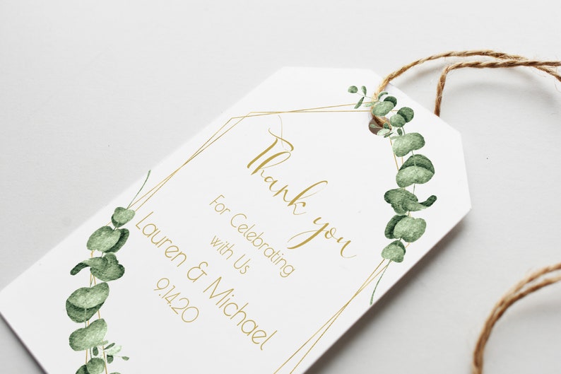 Gold Greenery Thank You Favor Tag, Wedding and Bridal Label Template, Shower Template, Printable Editable PPW0445 image 1