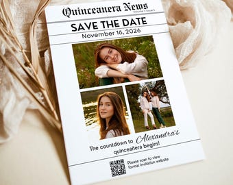 Quinceaño Geburtstag Save the Date Vorlage: Bearbeitbarer Canva Digitaler Download NEWS25003