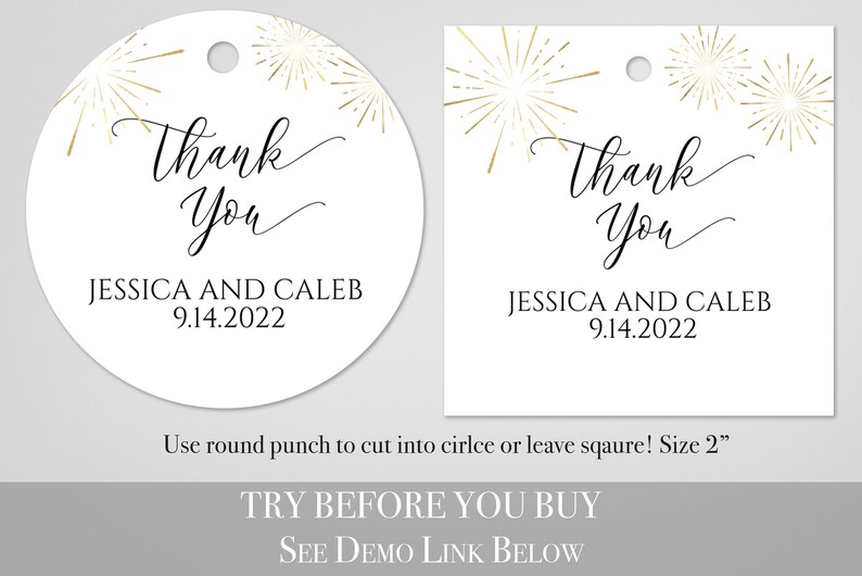 Gold Favor Tag, Wedding Favor Printable, Elegant Calligraphy, Thank You Tag, Sunburst Fireworks Editable Template, Corjl PPW-NY21 image 2