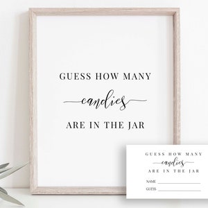 Raad eens hoeveel snoepjes teken en ticket sjabloon, baby shower spel modern minimalistisch, bewerkbare afdrukbare PPB551 ELLE