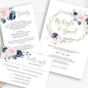 Wedding Invitation Suite, Invite, RSVP, Details Card, Navy and Pink Floral, Gold Frame, Editable Corjl Template PPW265 OLEA image 1