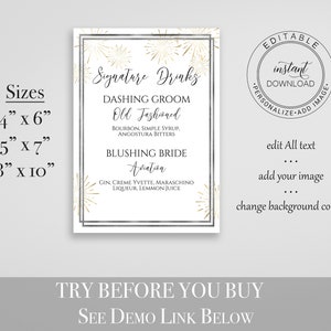 Signature Drinks Menu Template, Silver Gold Sign, Editable Menu Wedding Sign, Modern Bar Printable, Gold Starburst Template Corjl PPW-NY21 image 2