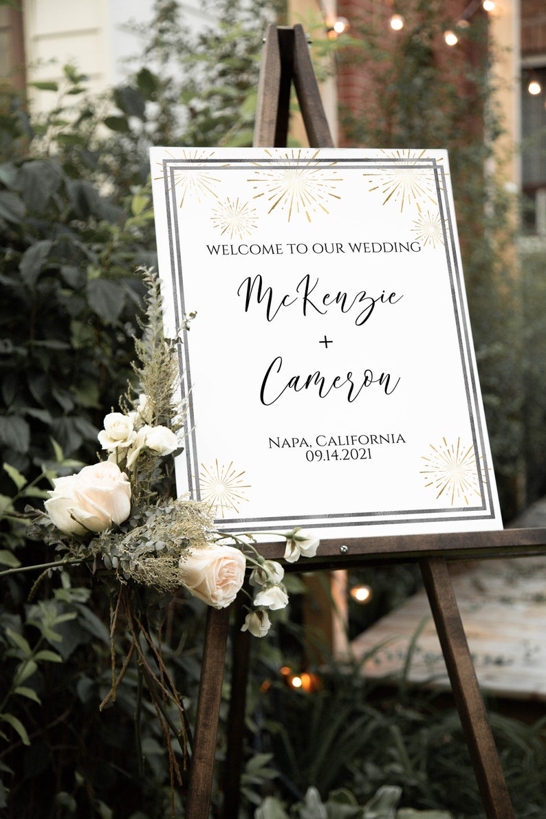 Gold and Silver Wedding Welcome Sign, Wedding Sign, Ceremony Display, Easel Sign, Gold Sunburst Fireworks Template Editable Corjl PPW-NY21 image 1