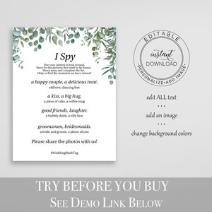 Greenery Wedding I Spy Game Template, Reception Activity Printable Editable, PPW0440 image 3