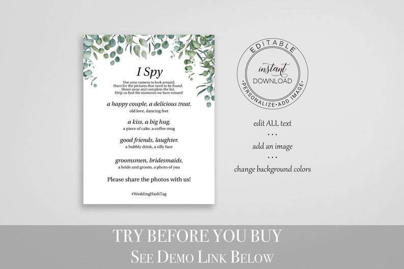 Greenery Wedding I Spy Game Template, Receptieactiviteit Afdrukbaar bewerkbaar, PPW0440 afbeelding 3