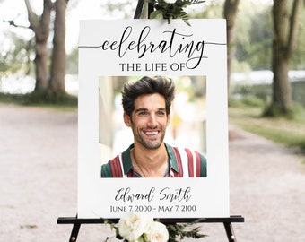 Celebrating the Life of Memorial Sign, Welcome Sign, Funeral Photo Sign, Editable Corjl Template, Printable PPF550