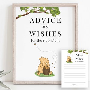 Plantilla de tarjeta y letrero de baby shower de Winnie the Pooh, consejos para bebés, deseos de bebé, Pooh clásico, oso de miel editable imprimible PPB320 WINNIE