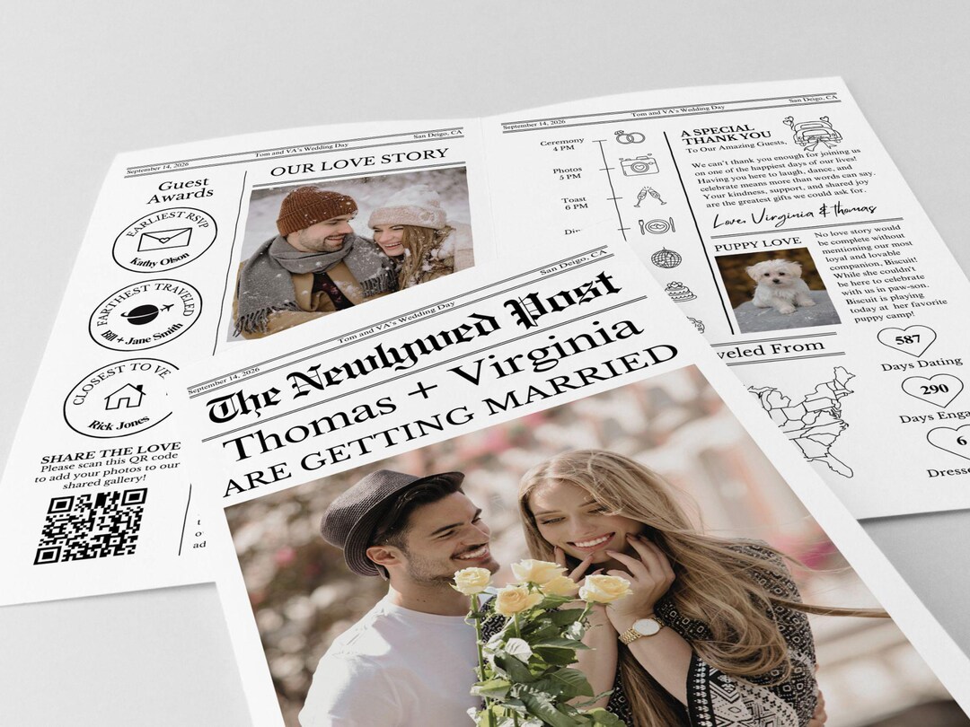 Wedding Newspaper Program Template: Newlywed Post Edit in Cava (digital ...