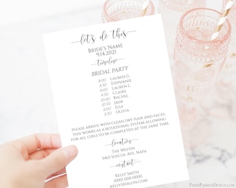 Wedding Party Hair & Makeup Timeline, Bridal Party Itinerary, Wedding Day Bridesmaids Schedule, Editable, Corjl PPW0550 Grace