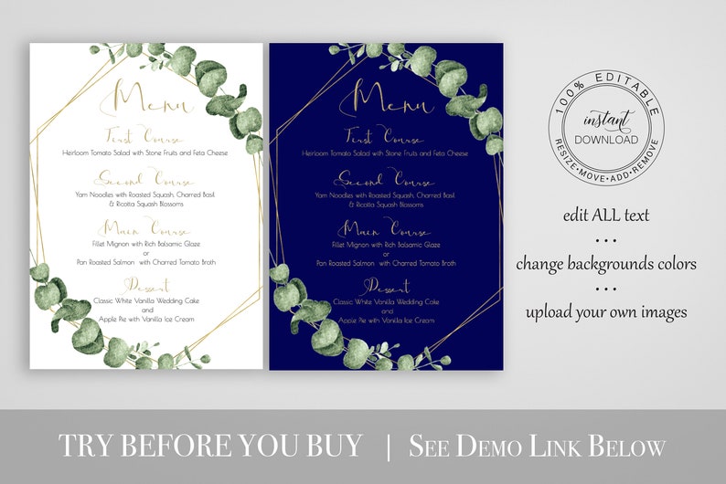 Greenery Wedding Reception Menu Template, Gold Geometric Table Decor, Printable Editable PPW0445 image 4