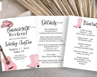 Pink Space Cowboy Bachelorette Weekend Invitation Set Template, Details Card, Western Schedule, Wedding Event Printable PPW917 CHELSEA