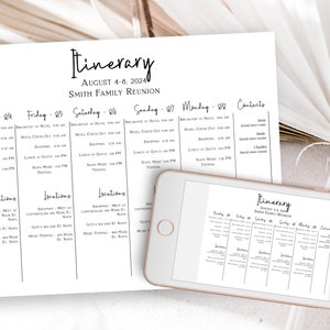 5 Day Event Itinerary Timeline Handout, Printable Schedule, Weddings, Family Reunion, Special Events, Landscape PPW508