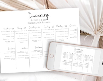 5 Day Event Itinerary Timeline Handout, Printable Schedule, Weddings, Family Reunion, Special Events, Landscape PPW508