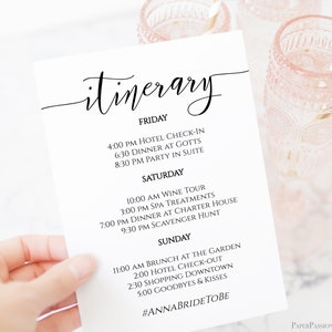 Itinerary, Bachelorette, Wedding, Family Reunion, Schedule of Events, Itinerary, Order of Events, 100% Editable Text, Corjl PPW0550 Grace
