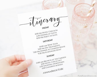 Itinerary, Bachelorette, Wedding, Family Reunion, Schedule of Events, Itinerary, Order of Events, 100% Editable Text, Corjl PPW0550 Grace