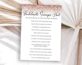 Rose Gold Glitter Bachelorette Party Scavenger Hunt Game Card Template, Bach Weekend Activiteit, Bruidsactiviteit PPW90 PPW92