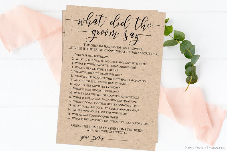 What Did The Groom Say Template, Bridal Game Activity, Rustic Modern Elegant Design Printable Editable, PPW0550 Grace image 5