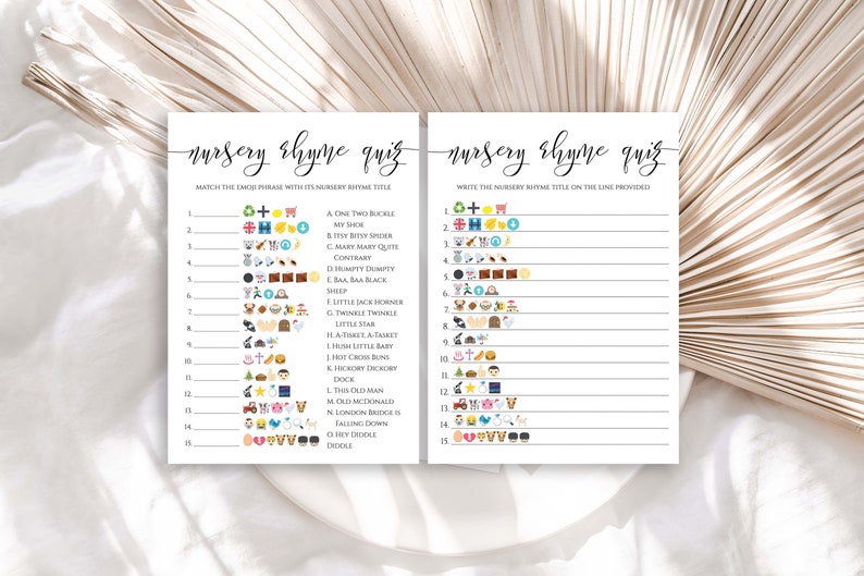 Emoji Nursery Rhyme Quiz Modern Baby Shower Game Elegant Font Gender Neutral Theme Printable Game PPW550 GRACE image 1