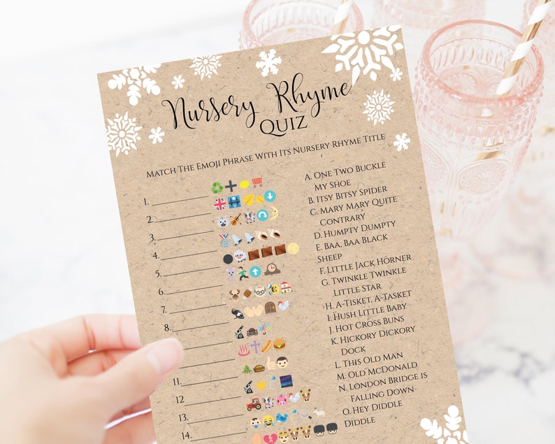 Nursery Rhyme Quiz, Winter Snowflake, Pink, Blue, Kraft, Baby Shower Printable Game, Emoji Pictionary NEVE PPB300 image 4