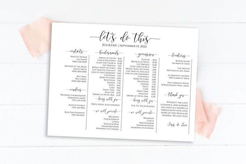 Wedding Party Timeline, Printable Wedding Day Schedule, Groomsmen Itinerary, Bridesmaid Agenda 100% Editable, Landscape Format PPW0550 Grace image 5