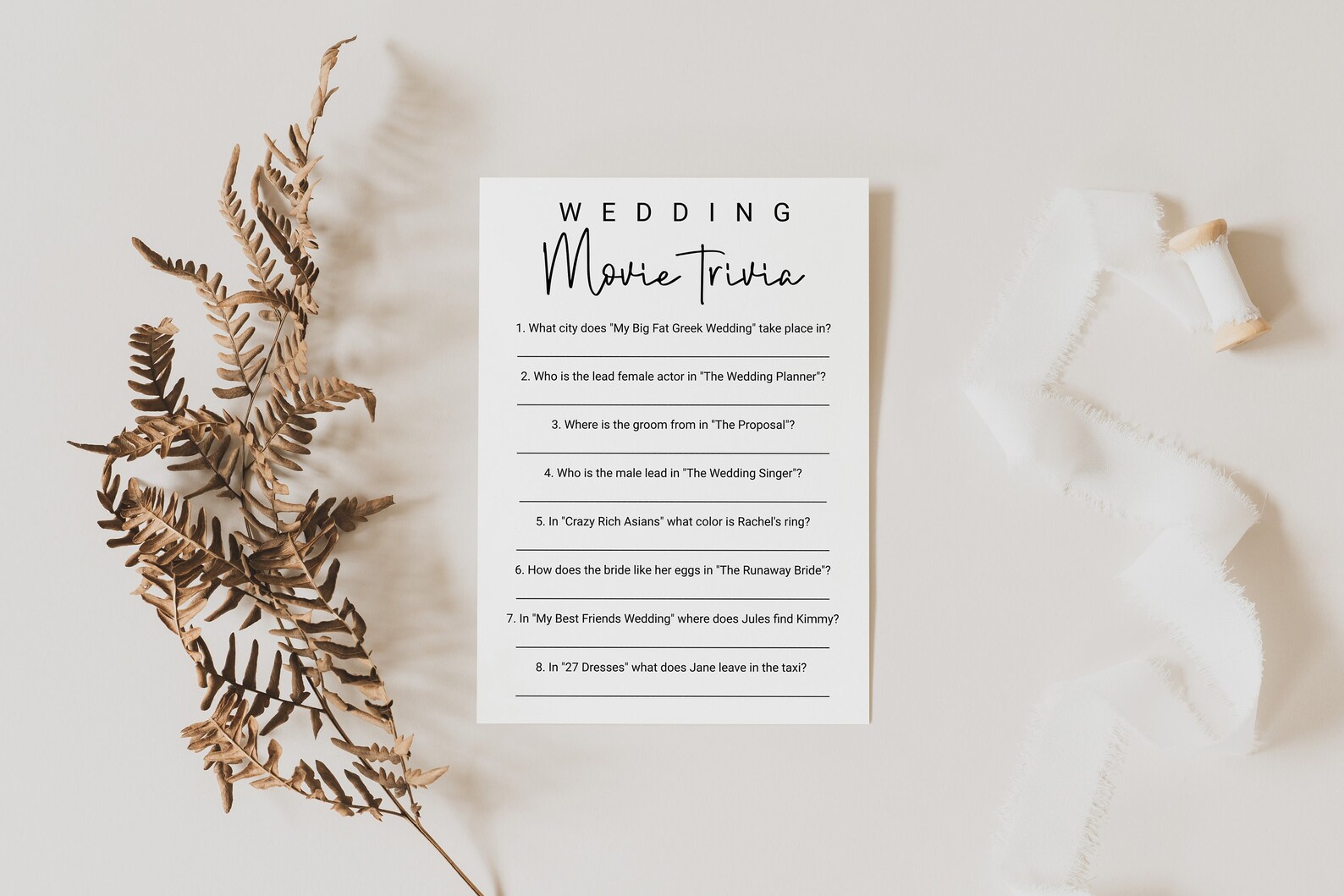 Wedding Movie Trivia Bridal Shower Game Template Minimalist Etsy