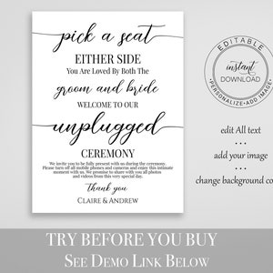 Unplugged Wedding Sign, Pick a Seat Easel Sign, Printable Welcome Sign, 100% Editable Template, Corjl PPW16 MAE image 2