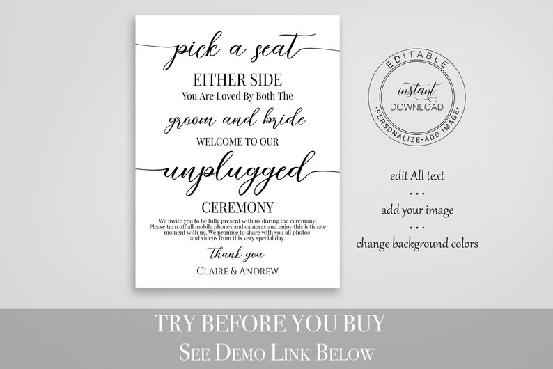 Unplugged Wedding Sign, Pick a Seat Easel Sign, Printable Welcome Sign, 100% Editable Template, Corjl PPW16 MAE image 2