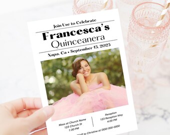 Quinceanera Sweet 15 Template, Birthday Announcement, Editable Invitation, Modern Photo Invite, Instant Download NEWS25006
