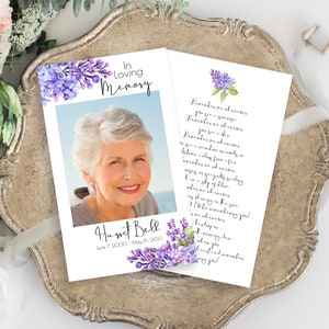 Tarjeta de oración floral lila, tarjeta conmemorativa púrpura, celebración violeta de la vida, tarjeta de poema funerario, plantilla Corjl editable PPF2021LPB SHAE imagen 3