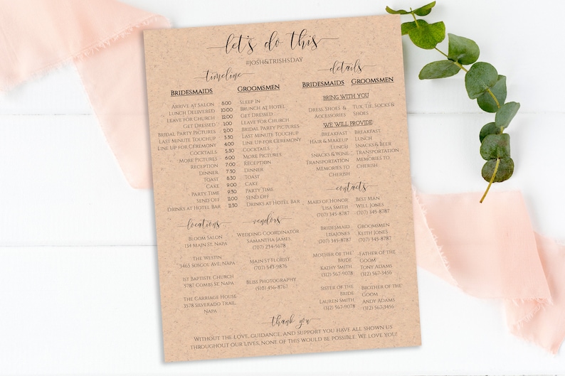 Wedding Party Timeline, Printable Wedding Day Schedule, Groomsmen Itinerary, Bridesmaid Agenda 100% Editable, Corjl PPW0550 Grace image 3