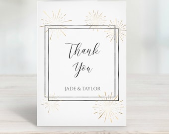 Gold and Silver Thank You Card, Wedding Thank You Printable, Elegant Calligraphy, Sunburst Fireworks Editable Template, Corjl PPW-NY21