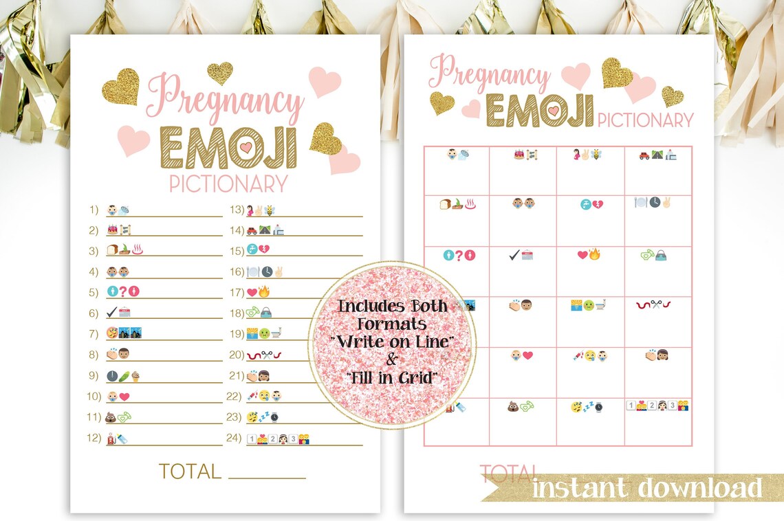 Glitter Emoji Pregnancy Pictionary Pink and Gold Baby Shower Etsy
