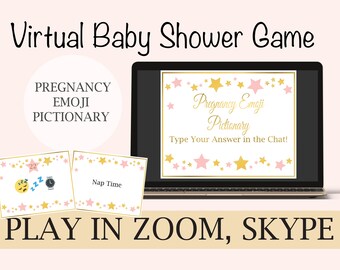 Virtual Baby Shower Game Pregnancy Emoji Pictionary, Gold and Pink Baby Shower, Baby Girl, Star Theme, Zoom Game 31GldPStar