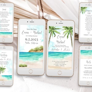 Suite de invitación electrónica para bodas en la playa, correo electrónico, mensaje de texto, boda en palmeras tropicales, océano, confirmación de asistencia, recepción, detalles PPW928 MALIA