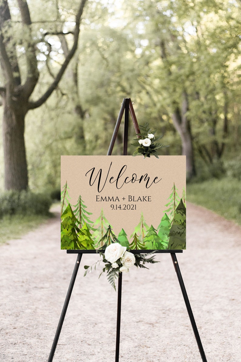 Wedding Welcome Sign Template, Pine Tree Forest Design, Easel Welcome Display Sign, Editable Template, Corjl LINDEN PPW410 image 6