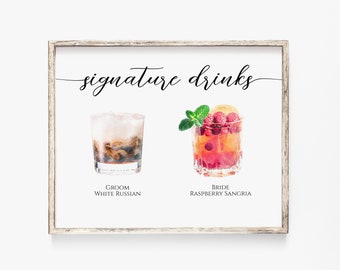 Signature Drink Menu, Bride and Groom Cocktails, Watercolor Cocktail Sign, Elegant Calligraphy, Editable Card Template, Corjl PPW16 MAE