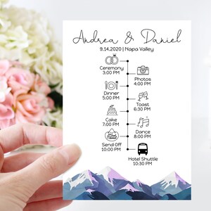 Wedding Program & Timeline Template, Wedding Day Plan, Schedule of Events, Winter Mountain Range, Printable Template, Corjl ANDES PPW420