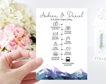Wedding Program & Timeline Template, Wedding Day Plan, Schedule of Events, Winter Mountain Range, Printable Template, Corjl ANDES PPW420