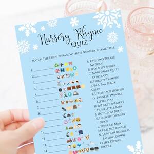 Nursery Rhyme Quiz, Winter Snowflake, Pink, Blue, Kraft, Baby Shower Printable Game, Emoji Pictionary NEVE PPB300 image 5