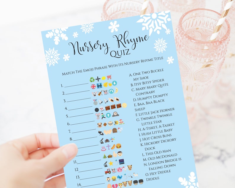 Nursery Rhyme Quiz, Winter Snowflake, Pink, Blue, Kraft, Baby Shower Printable Game, Emoji Pictionary NEVE PPB300 image 5