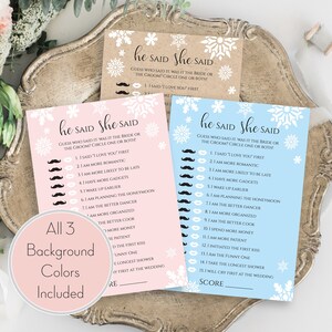 Snowflake Bridal Shower Game Template, He Said She Said Game, Editable Printable, Personalize Corjl NEVE PPW300 image 1