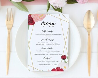 Menu Template, Pink & Red Floral Watercolor, Wedding Menu Card Printable, Printable Editable PPB0230