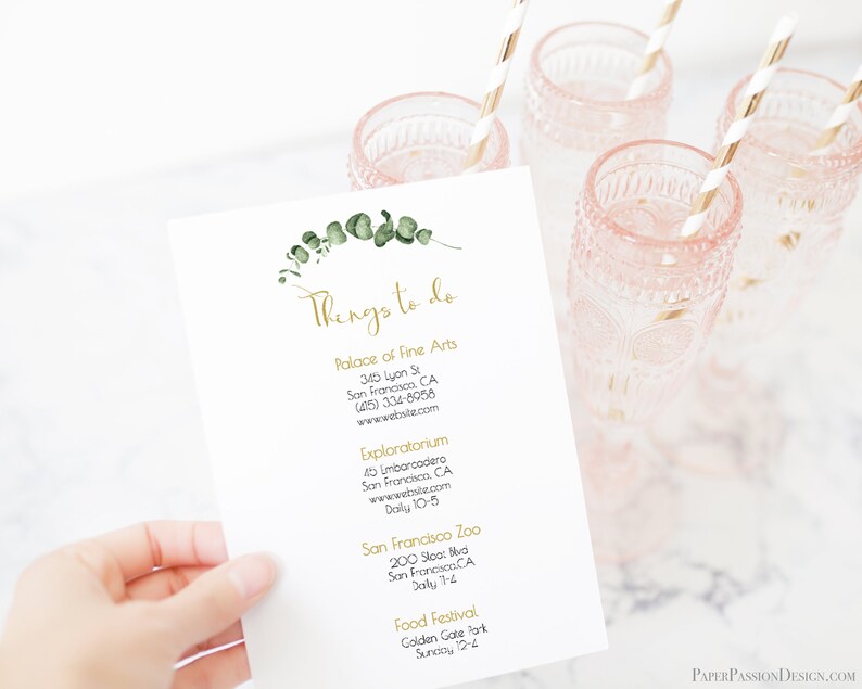 Gold Frame Greenery Wedding Weekend Schedule of Events Timeline, Out of Town Guests Things To Do Printable Editable PPW0445 image 6