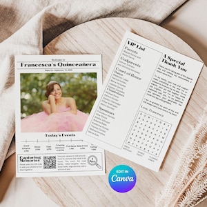 以下が含まれることがあります： ピンクのドレスを着た若い女性の写真が載った、Quinceañeraの招待状。招待状には、イベントの詳細、VIPリスト、感謝のメッセージが含まれています。テキストは「Francesca's Quinceañera」と「Edit in Canva」です。