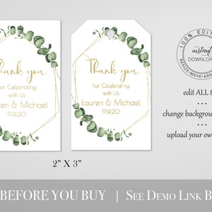 Gold Greenery Thank You Favor Tag, Wedding and Bridal Label Template, Shower Template, Printable Editable PPW0445 image 4