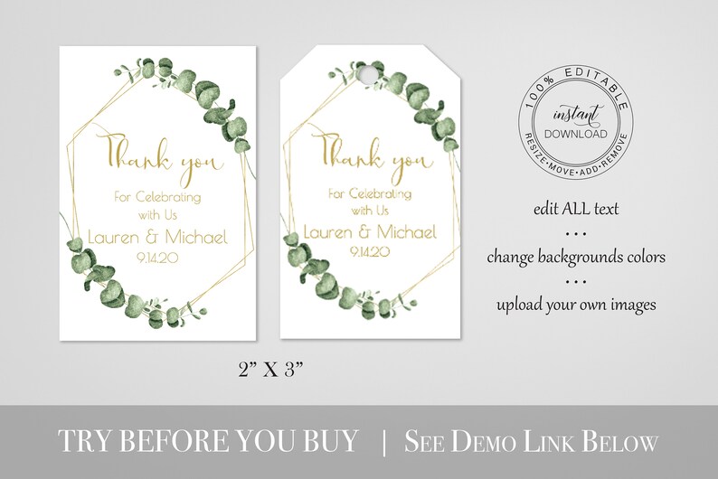 Gold Greenery Thank You Favor Tag, Wedding and Bridal Label Template, Shower Template, Printable Editable PPW0445 image 4