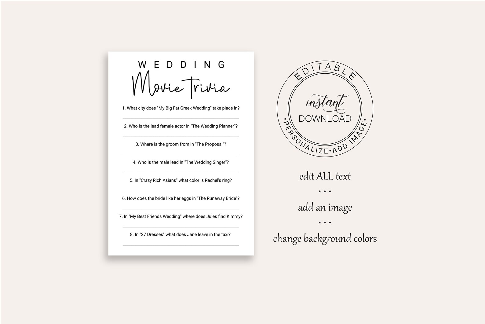 Wedding Movie Trivia Bridal Shower Game Template Minimalist Etsy