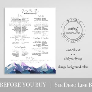 Wedding Party Timeline & Itinerary, Groomsmen, Bridesmaid, Wedding Day Plan, Winter Mountain Range, Printable Template, Corjl ANDES PPW420 image 2